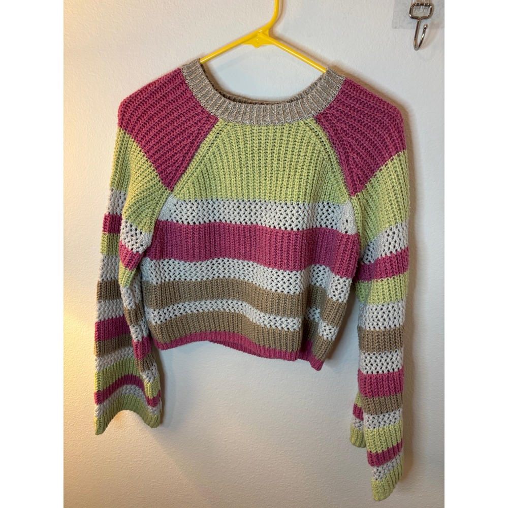 RSQ Striped Chunky Knit Cropped Sweater Pink Green Tan Medium